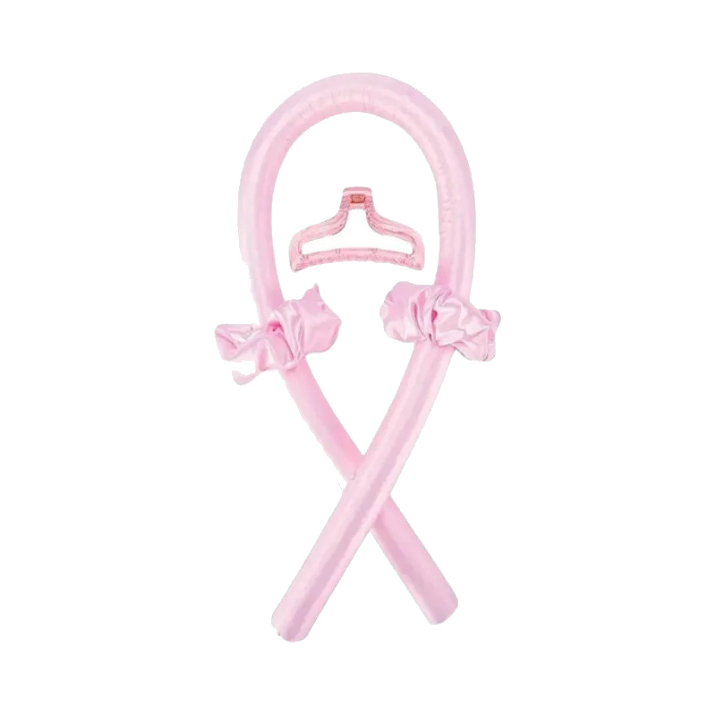Pink satin curling rod with claw clip and two scrunchies