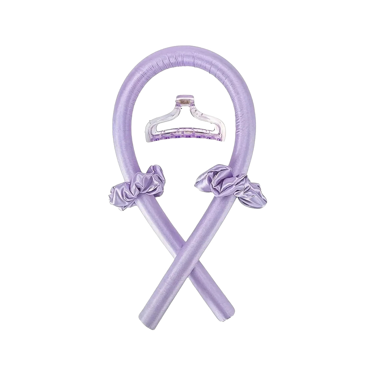 Purple satin curling rod with claw clip and two scrunchies
