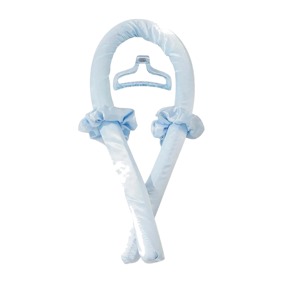 Light blue satin curling rod with claw clip and two scrunchies